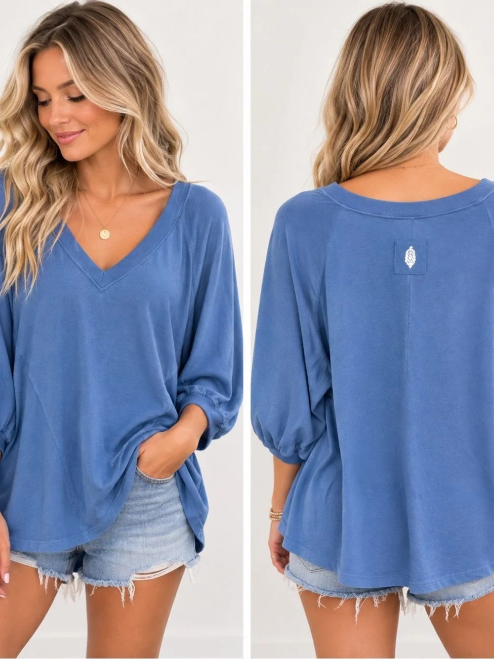 Free People Movement Blue Oversized V-Neck Balloon Sleeve Top XS